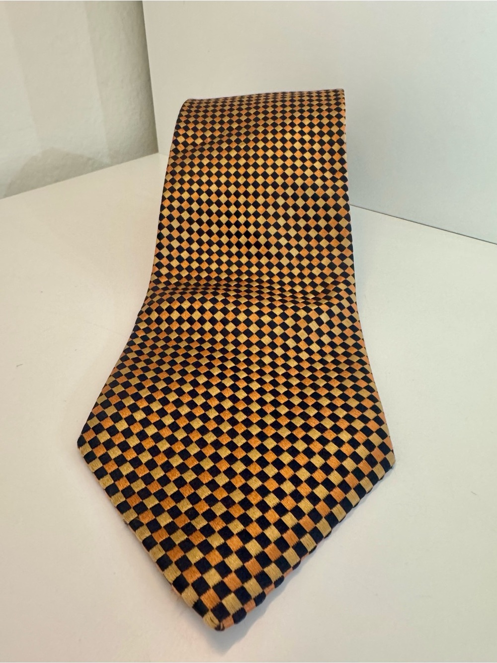 Ruffini Silk Tie Gold Navy Checkered Pattern Geometric USA